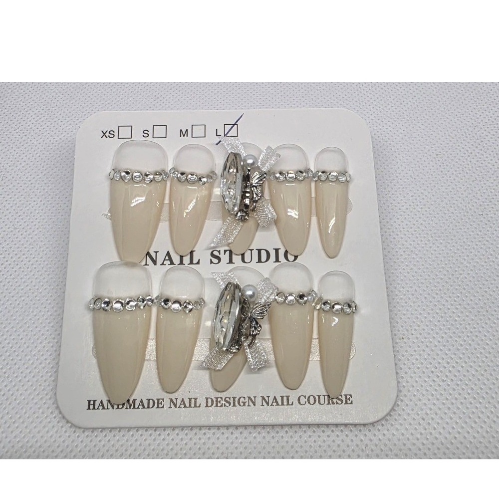 Size L Nude Tip Almond Press On Nails 3D Rhinestone Butterfly Bow Bridal Glam
